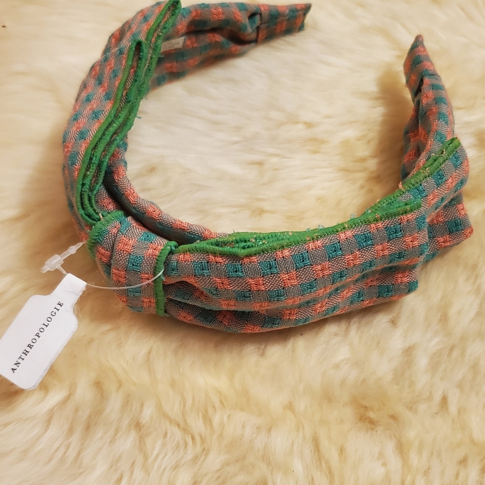 Anthropologie Sienna Bow Gingham Headband- green/pink - Picture 4 of 7